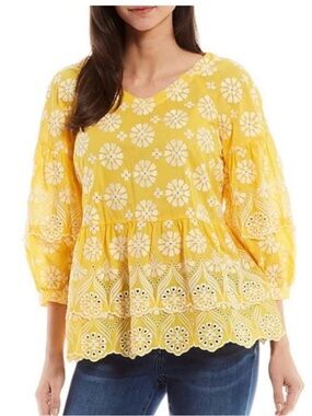 John Mark Yellow Eyelet Embroidered Peasant Blouse